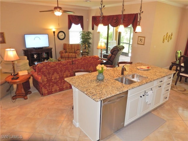11775 Avingston Ter, Fort Myers, FL 33913 - kitchen with stainless steel dishwasher, open floor plan, crown molding, light tile patterned flooring, and white cabinetry