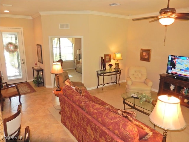 11775 Avingston Ter, Fort Myers, FL 33913 - living room with ornamental molding, a ceiling fan, and light tile patterned floors
