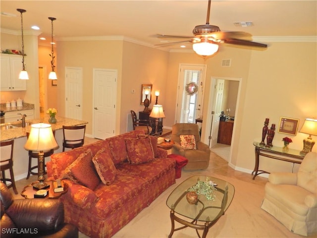 11775 Avingston Ter, Fort Myers, FL 33913 - living room with crown molding and a ceiling fan