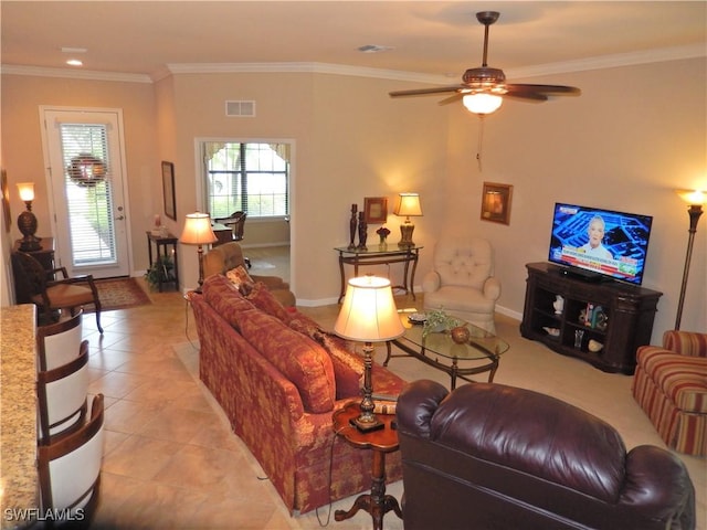 11775 Avingston Ter, Fort Myers, FL 33913 - living room featuring a ceiling fan, crown molding, and light tile patterned floors
