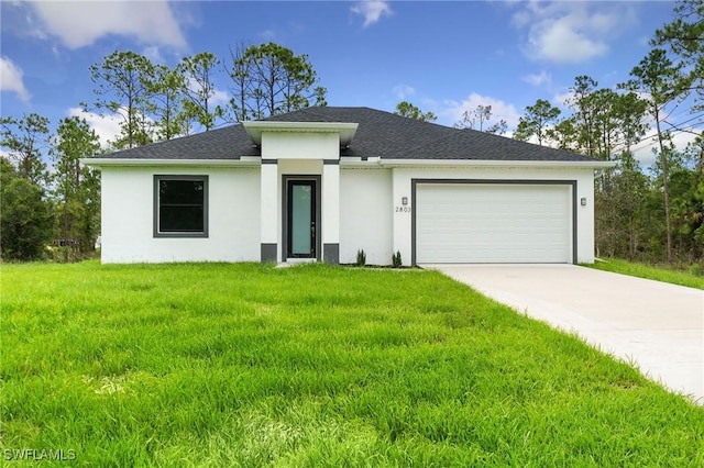 2803 E 13th St, Lehigh Acres, FL 33972 - prairie-style home featuring stucco siding, a front yard, an attached garage, driveway, and a shingled roof