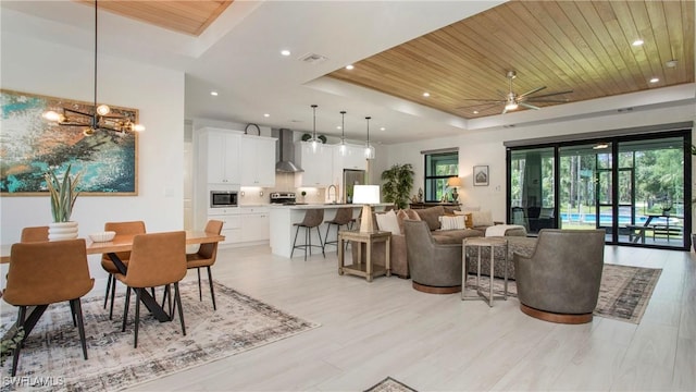 1030 22nd Ave NE, Naples, FL 34120 - dining space with a raised ceiling, wooden ceiling, light wood-style flooring, a ceiling fan, and recessed lighting