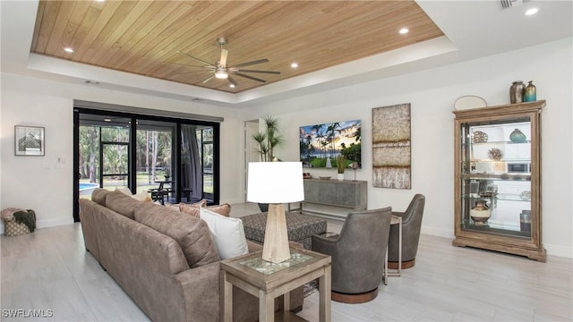 1030 22nd Ave NE, Naples, FL 34120 - living room with a raised ceiling, wooden ceiling, ceiling fan, and recessed lighting