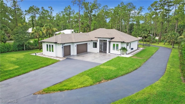 1030 22nd Ave NE, Naples, FL 34120 - view of front facade with a garage, asphalt driveway, stucco siding, a front yard, and view of scattered trees