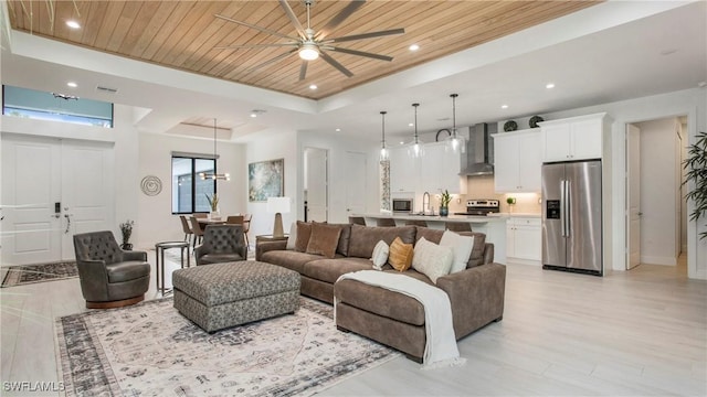 1030 22nd Ave NE, Naples, FL 34120 - living area featuring a tray ceiling, a ceiling fan, wooden ceiling, light wood-style flooring, and recessed lighting