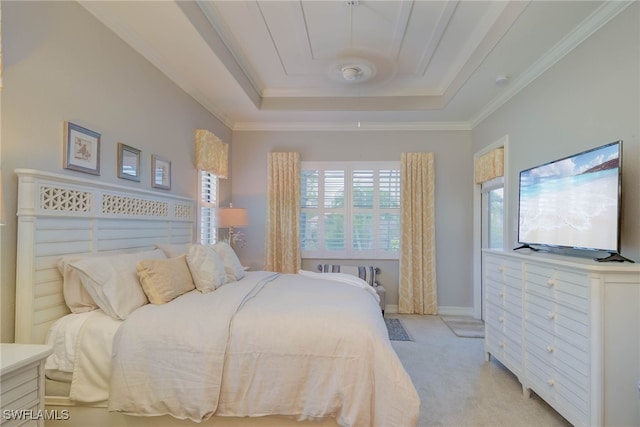 11330 Hidalgo Ct, Fort Myers, FL 33912 - bedroom with a raised ceiling, light carpet, and crown molding