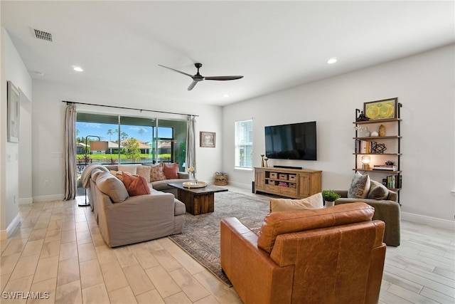 3387 Pilot Cir, Naples, FL 34120 - living area featuring light wood-style flooring, a ceiling fan, and recessed lighting