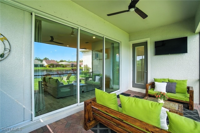 3387 Pilot Cir, Naples, FL 34120 - sunroom featuring ceiling fan and outdoor lounge area