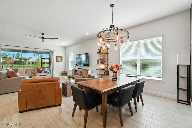 3387 Pilot Cir, Naples, FL 34120 - dining room with light wood finished floors, a chandelier, recessed lighting, and a ceiling fan