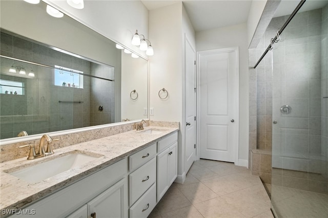 3387 Pilot Cir, Naples, FL 34120 - full bathroom featuring tiled shower, double vanity, and tile patterned floors
