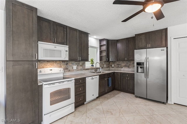 4811 Shady River Ln, Fort Myers, FL 33905 - kitchen featuring white appliances, open shelves, dark brown cabinets, a ceiling fan, and a textured ceiling
