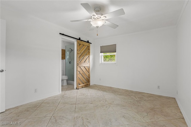 4811 Shady River Ln, Fort Myers, FL 33905 - empty room featuring a barn door, ornamental molding, and a ceiling fan