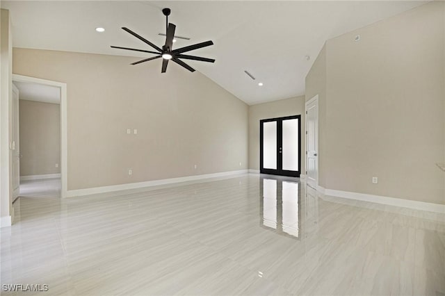 1328 SW 22nd Pl, Cape Coral, FL 33991 - empty room with french doors, a ceiling fan, lofted ceiling, and recessed lighting