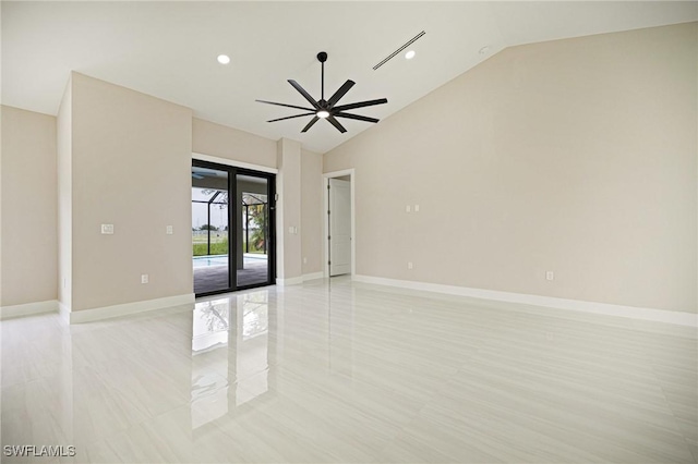 1328 SW 22nd Pl, Cape Coral, FL 33991 - spare room featuring vaulted ceiling, a ceiling fan, recessed lighting, and light tile patterned flooring