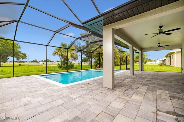 1328 SW 22nd Pl, Cape Coral, FL 33991 - swimming pool with a lawn, a patio, ceiling fan, and glass enclosure
