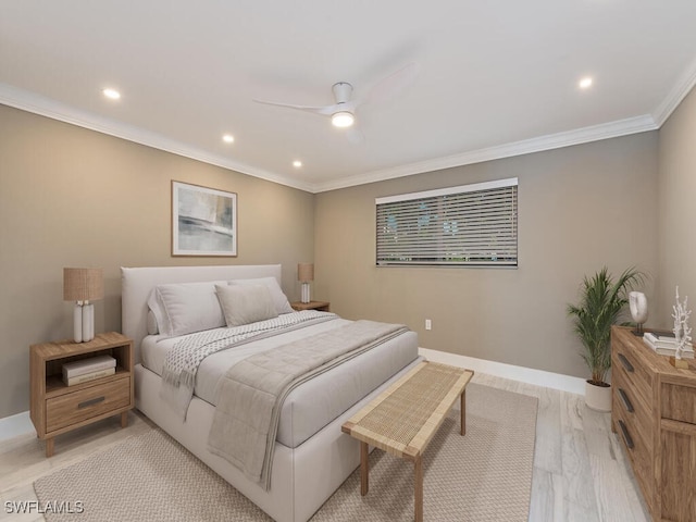 2500 Gulf Shore Blvd N Unit S9, Naples, FL 34103 - bedroom featuring ornamental molding, recessed lighting, a ceiling fan, and light wood-style floors