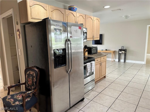 4620 Parrot Ave, Naples, FL 34104 - kitchen featuring appliances with stainless steel finishes, light brown cabinetry, light tile patterned floors, and recessed lighting