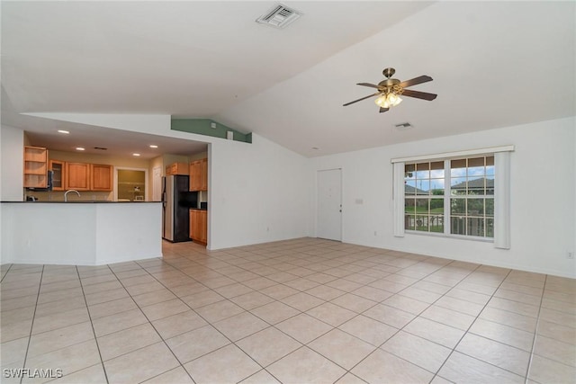 3213 22nd St SW, Lehigh Acres, FL 33976 - unfurnished living room featuring lofted ceiling, ceiling fan, light tile patterned floors, and recessed lighting