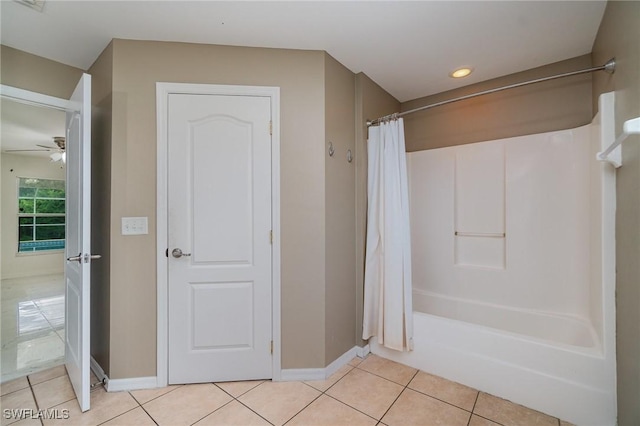 3213 22nd St SW, Lehigh Acres, FL 33976 - bathroom featuring tile patterned floors, a ceiling fan, shower / bathtub combination with curtain, and recessed lighting