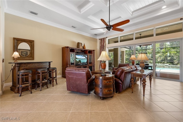 19332 La Serena Dr, Estero, FL 33967 - living area with crown molding, coffered ceiling, light tile patterned flooring, ceiling fan, and beamed ceiling