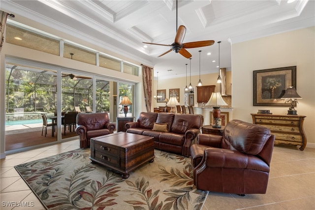19332 La Serena Dr, Estero, FL 33967 - living area featuring a ceiling fan, ornamental molding, light tile patterned flooring, coffered ceiling, and a sunroom