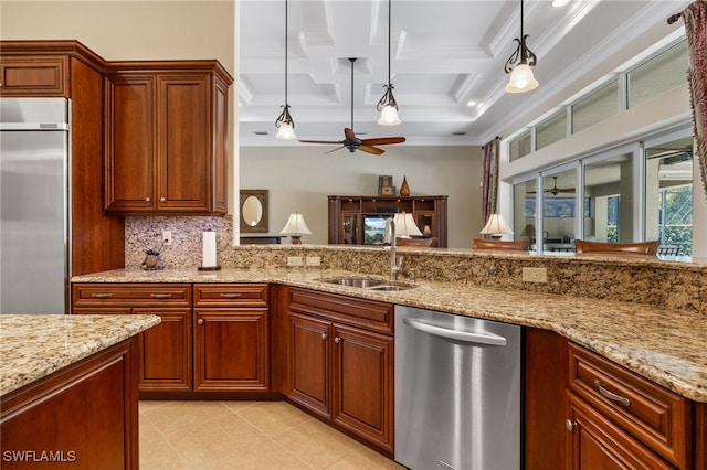 19332 La Serena Dr, Estero, FL 33967 - kitchen with stainless steel appliances, coffered ceiling, ceiling fan, crown molding, and beam ceiling