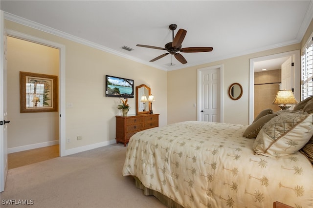 19332 La Serena Dr, Estero, FL 33967 - bedroom with light colored carpet, crown molding, a ceiling fan, and ensuite bath