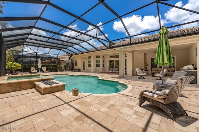 19332 La Serena Dr, Estero, FL 33967 - view of swimming pool featuring a patio area, a ceiling fan, an outdoor hangout area, a pool with connected hot tub, and glass enclosure