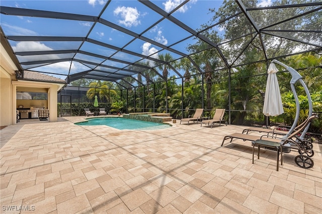19332 La Serena Dr, Estero, FL 33967 - view of swimming pool featuring a patio area, a pool with connected hot tub, and glass enclosure