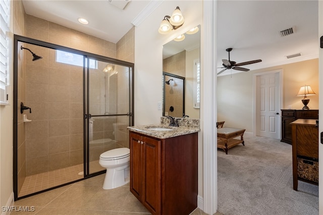 19332 La Serena Dr, Estero, FL 33967 - full bath featuring ceiling fan, a stall shower, vanity, crown molding, and recessed lighting