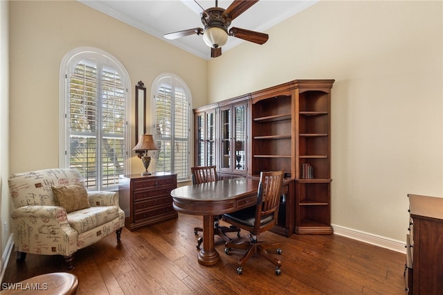 19332 La Serena Dr, Estero, FL 33967 - home office with crown molding, ceiling fan, and dark wood-style flooring