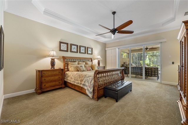 19332 La Serena Dr, Estero, FL 33967 - bedroom featuring a tray ceiling, light carpet, access to exterior, and ornamental molding