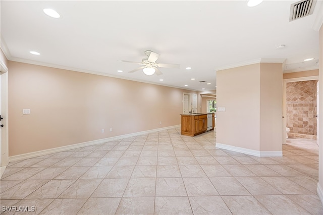 1120 Ridge St, Naples, FL 34103 - unfurnished living room featuring ceiling fan, recessed lighting, ornamental molding, and light tile patterned floors