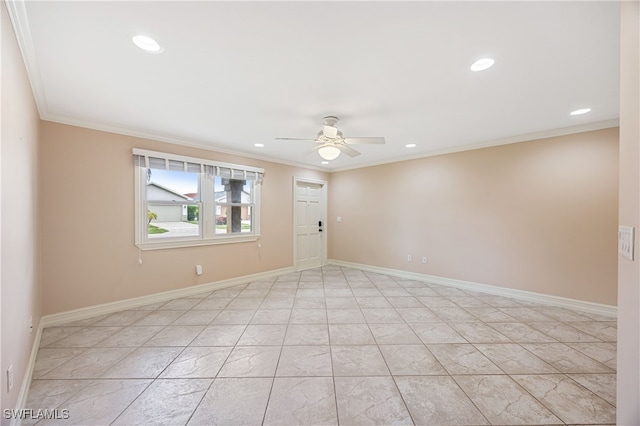 1120 Ridge St, Naples, FL 34103 - empty room with ceiling fan, recessed lighting, ornamental molding, and light tile patterned flooring