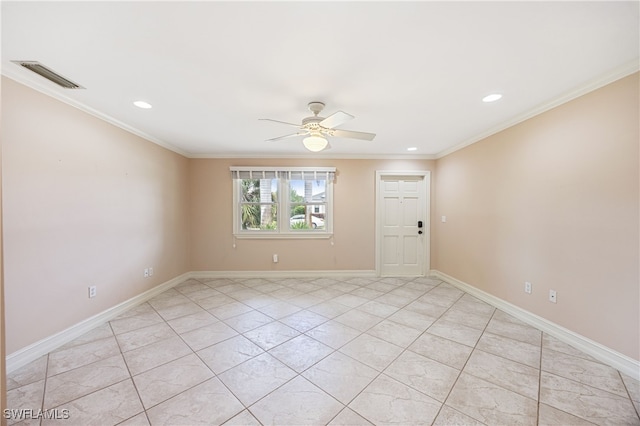 1120 Ridge St, Naples, FL 34103 - empty room featuring a ceiling fan, recessed lighting, light tile patterned floors, and ornamental molding