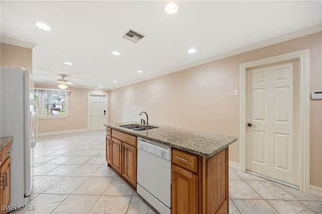1120 Ridge St, Naples, FL 34103 - kitchen with white appliances, brown cabinetry, ornamental molding, a ceiling fan, and recessed lighting