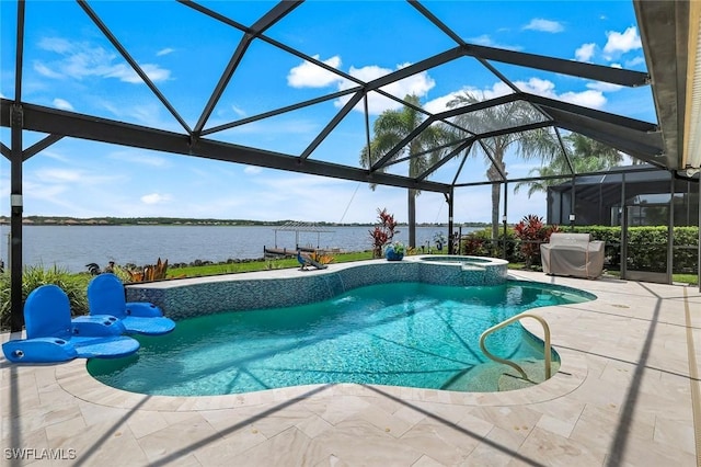 9380 Slate Ct, Naples, FL 34120 - view of pool with area for grilling, a water view, a patio, a pool with connected hot tub, and glass enclosure