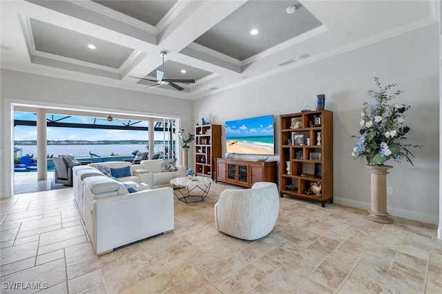 9380 Slate Ct, Naples, FL 34120 - living area with ceiling fan, stone tile floors, beam ceiling, coffered ceiling, and crown molding