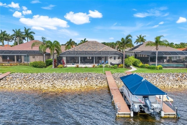 9380 Slate Ct, Naples, FL 34120 - dock with a water view, boat lift, and a lawn