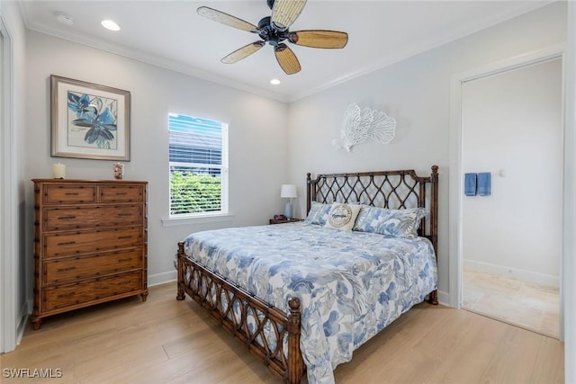 9380 Slate Ct, Naples, FL 34120 - bedroom featuring light wood-style flooring, ornamental molding, recessed lighting, and a ceiling fan
