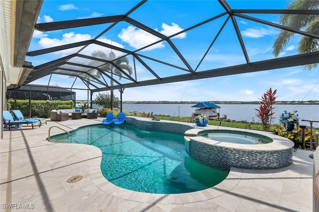 9380 Slate Ct, Naples, FL 34120 - view of swimming pool featuring outdoor lounge area, a patio area, a water view, a pool with connected hot tub, and glass enclosure