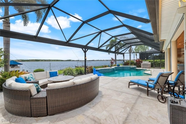 9380 Slate Ct, Naples, FL 34120 - view of pool with a patio area, a water view, an outdoor living space, and glass enclosure