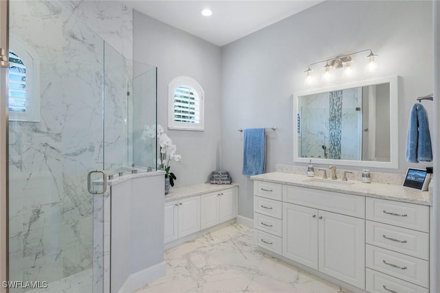 9380 Slate Ct, Naples, FL 34120 - full bath featuring a marble finish shower, marble look tile flooring, vanity, and recessed lighting