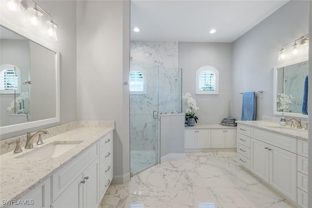 9380 Slate Ct, Naples, FL 34120 - full bath featuring a marble finish shower, marble finish flooring, two vanities, and recessed lighting