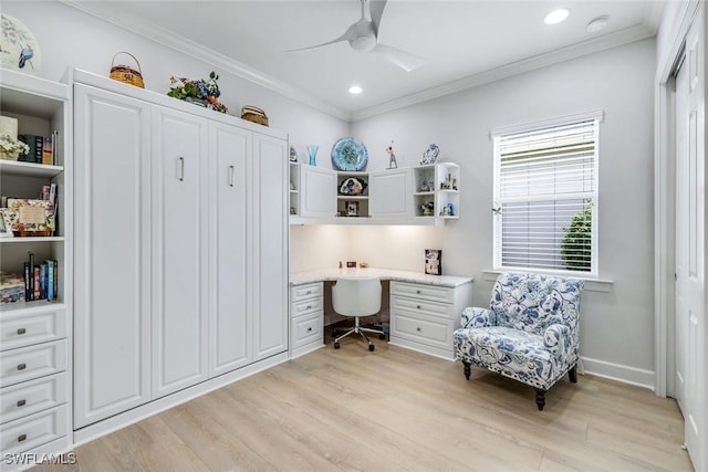 9380 Slate Ct, Naples, FL 34120 - office area featuring built in desk, light wood-style flooring, ceiling fan, crown molding, and recessed lighting
