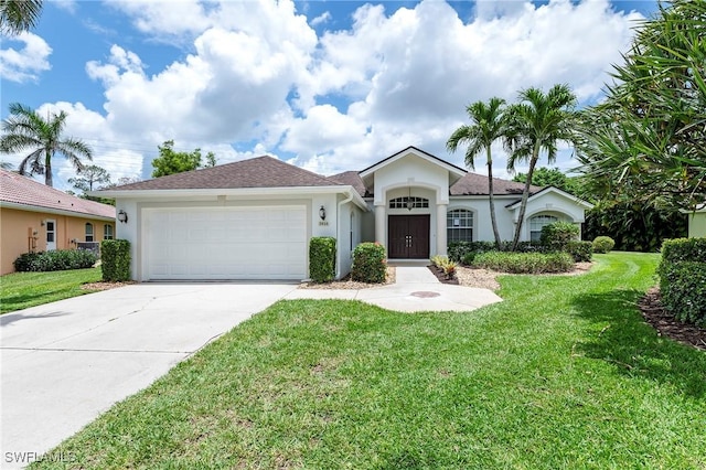 2050 Terrazzo Ln, Naples, FL 34104 - mediterranean / spanish home featuring stucco siding, an attached garage, driveway, and a front yard