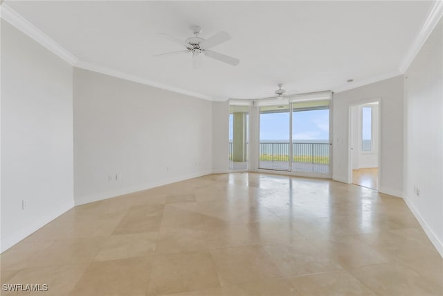 7117 Pelican Bay Blvd Unit 1801, Naples, FL 34108 - spare room with ornamental molding, a ceiling fan, a water view, and light tile patterned flooring