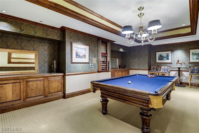 7117 Pelican Bay Blvd Unit 1801, Naples, FL 34108 - rec room with crown molding, light colored carpet, wainscoting, a chandelier, and billiards table