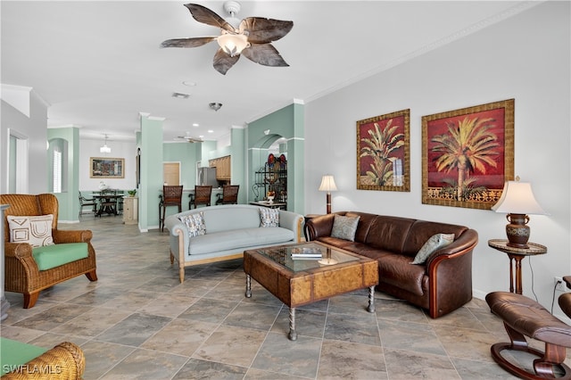 8014 Kilkenny Ct Unit G47, Naples, FL 34112 - living room featuring a ceiling fan, crown molding, stone finish floors, and recessed lighting