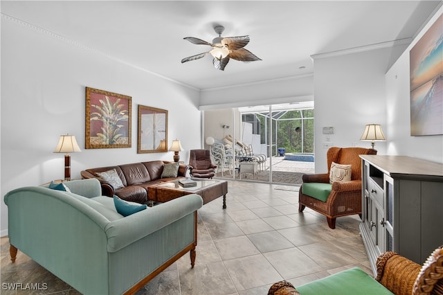 8014 Kilkenny Ct Unit G47, Naples, FL 34112 - living room featuring a ceiling fan, crown molding, and light tile patterned flooring